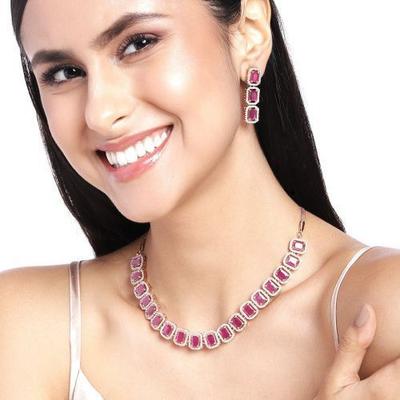 Conjunto de collar octogonal de oro rosa con circonitas y piedras de rubí para mujer