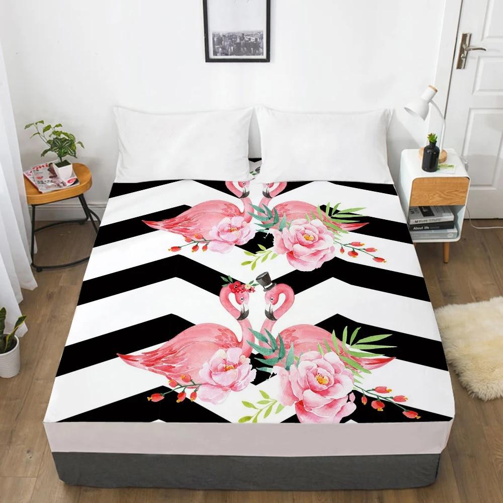 Bedding Mattress Cover Bed Fitted Sheets With Elastic Band Linens Queen/King Size Bedsheet 90/150/160X200CM Watercolor Flamingo