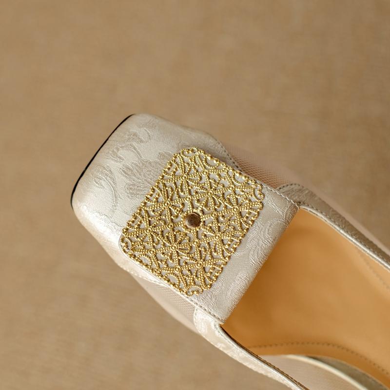 Fashion Women's New Summer Square Head Genuine Leather Cowhide Breathable Mesh Metal Jewelry High Heel Large Headed Muller Sandals