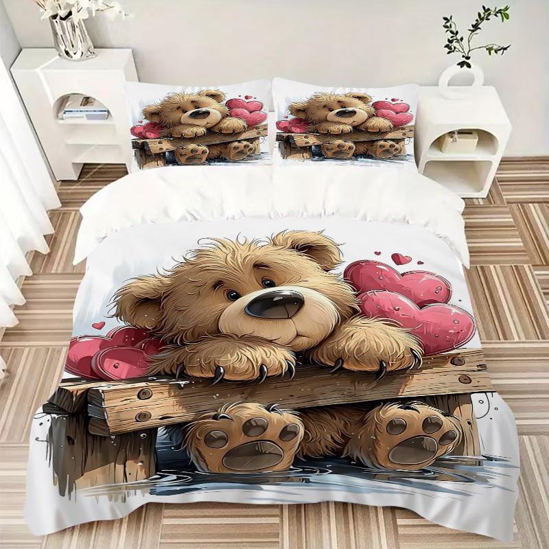 3pcs Anime Teddy Bear Bedding Set - Includes One Quilt Cover and Two Pillowcases (No Core) - Polyester Fabric - Perfect for Bedroom and Gues