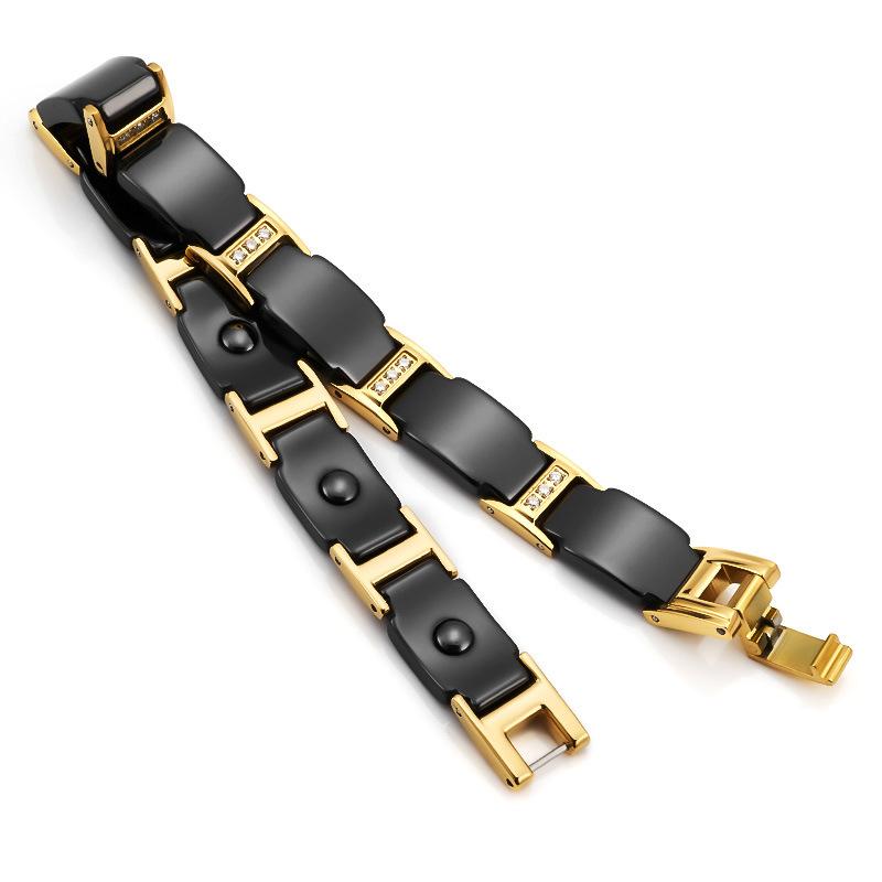 10mm Punk Goldfarbenes Edelstahl Kreuzkettenarmband für Männer Frauen Schwarze Keramik Gesundheitswesen Magnetisches Zirkon Armreif Schmuck