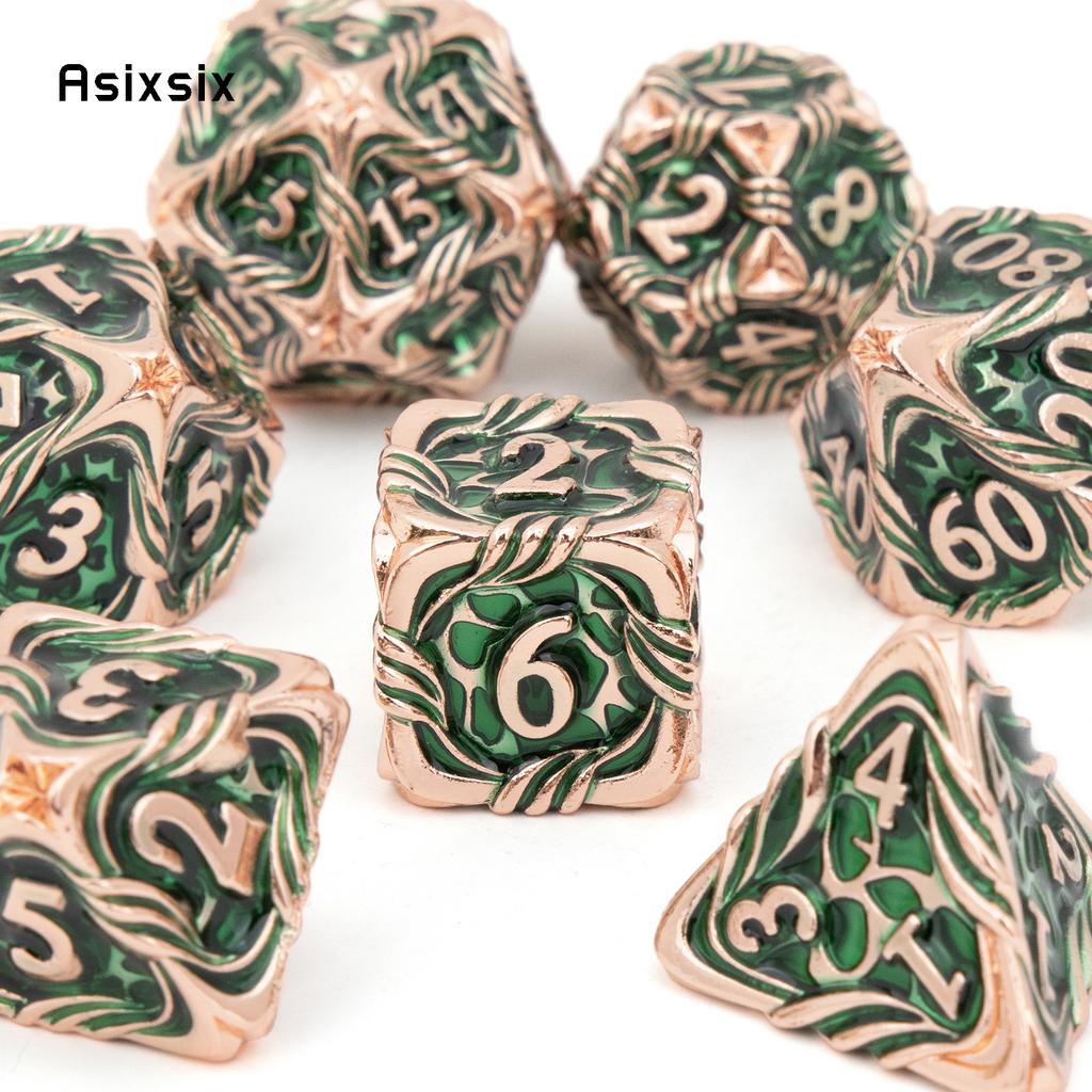 7 Pcs Yellow Green Tree Vine Metal Dice Solid Metal Polyhedral Dice Set Suitable for Role-Playing RPG Board Game Dice RPG