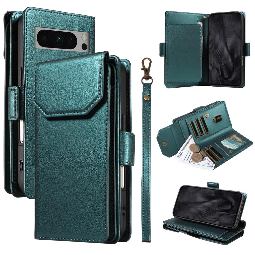 For Google Pixel 8 Pro Case with Multi-Card Holder and Strap PU Leather Phone Cover Stand