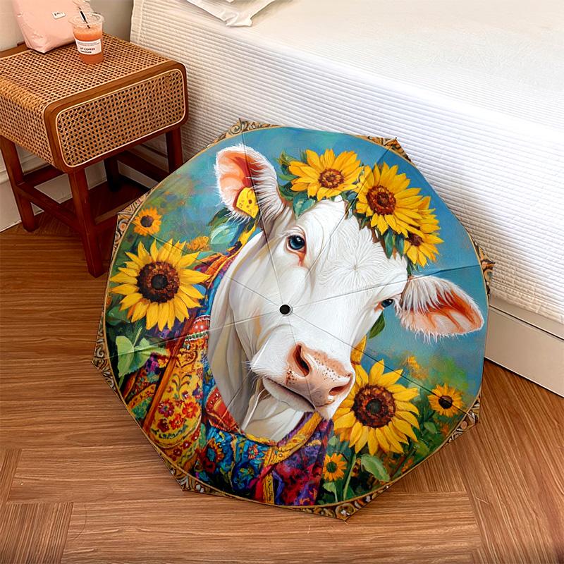 1 PC Automatic Folding Umbrella - Cow with Sunflowers Pattern, Portable & Foldable Design with 8 Ribs, Christmas Birthday Gifts