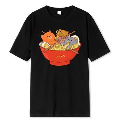 T-shirts Imprimés Chats Mignons Style Japonais dans Bol de Nouilles Homme Vêtements Amples Respirants T-shirt Décontracté