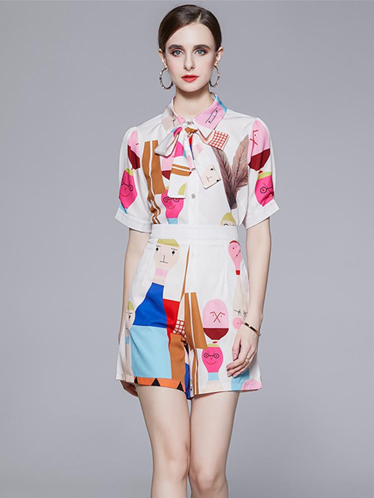 

Модный комплект из двух предметов с мультяшным узором, женская одежда, рубашка с воротником с бантом и принтом, топ + шифоновый карман, широкие шорты, костюм XL белый
