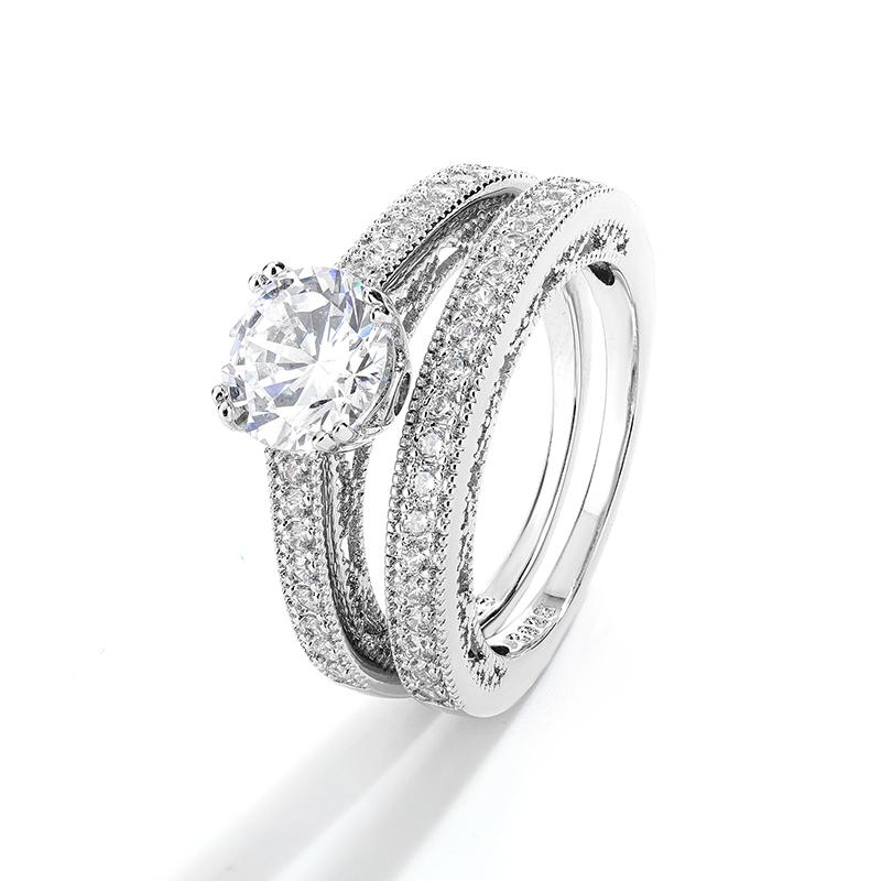 Central Round Cubic Zirconia Double Row Ring-wedding Proposal Bridal Ring
