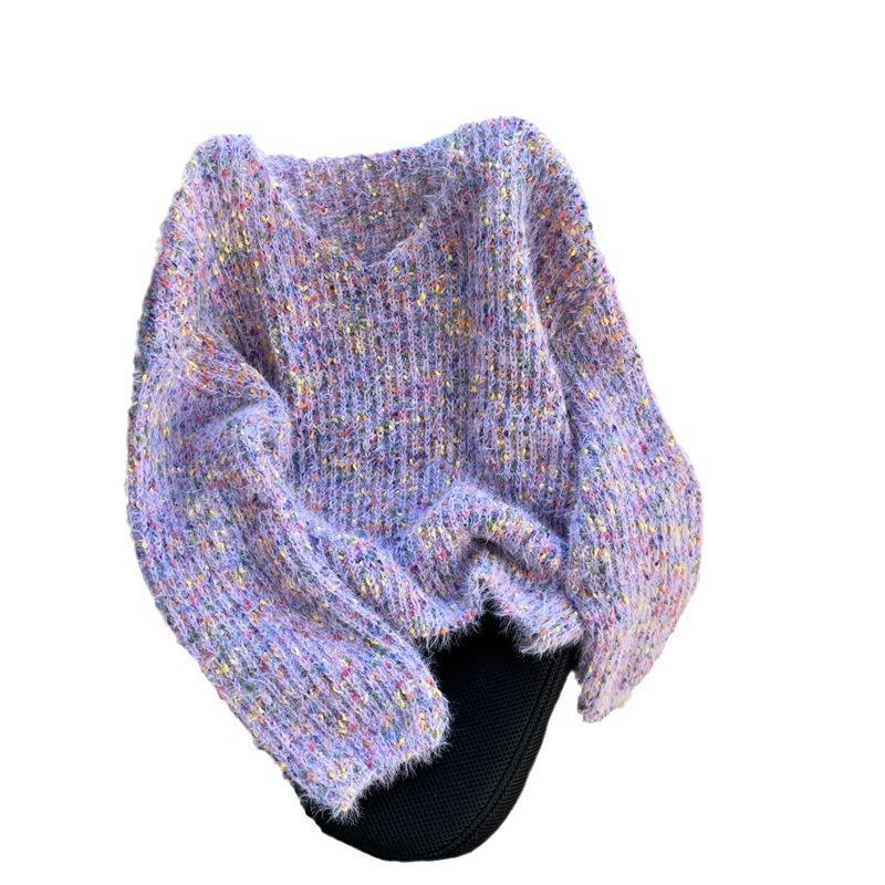 Autumn and Winter Vintage Pullover Sweater for Women Loose Candy Color V-neck Knitted Sweater Top