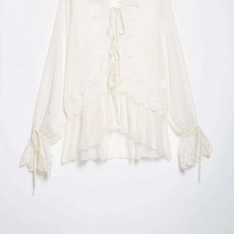 Womens Loose Fit V-Neck Lace Panel Long Sleeve Blouse Casual Elegant Shirt 2026
