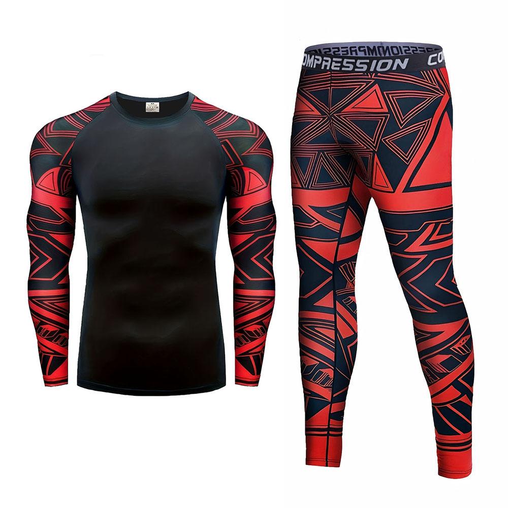 2Pcs Men's Red Print Casual T-Shirts + Trousers Gym Work Out Fitness Skinny Jogging Pants Sweatpants Legging Pants Men