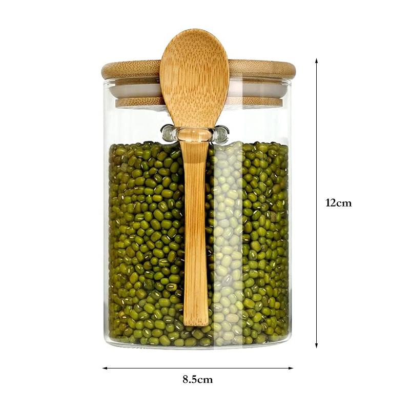 4 Stück Glasbehälter zur Lebensmittelaufbewahrung, Gewürzgläser mit Bambusdeckel und Löffel, Vorratsgläser für Tee, Kaffee und Zucker, kleine Dose, 550 ml