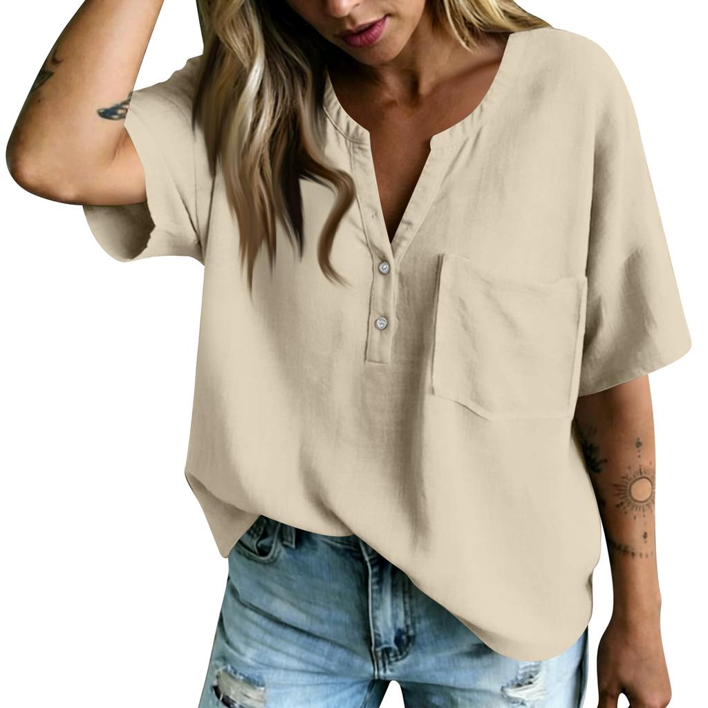 Women Casual V Neck Blouse Short Sleeve Bohemian Style Shirt Loose Fit Lightweight Summer Top with Button Detail and Pocket