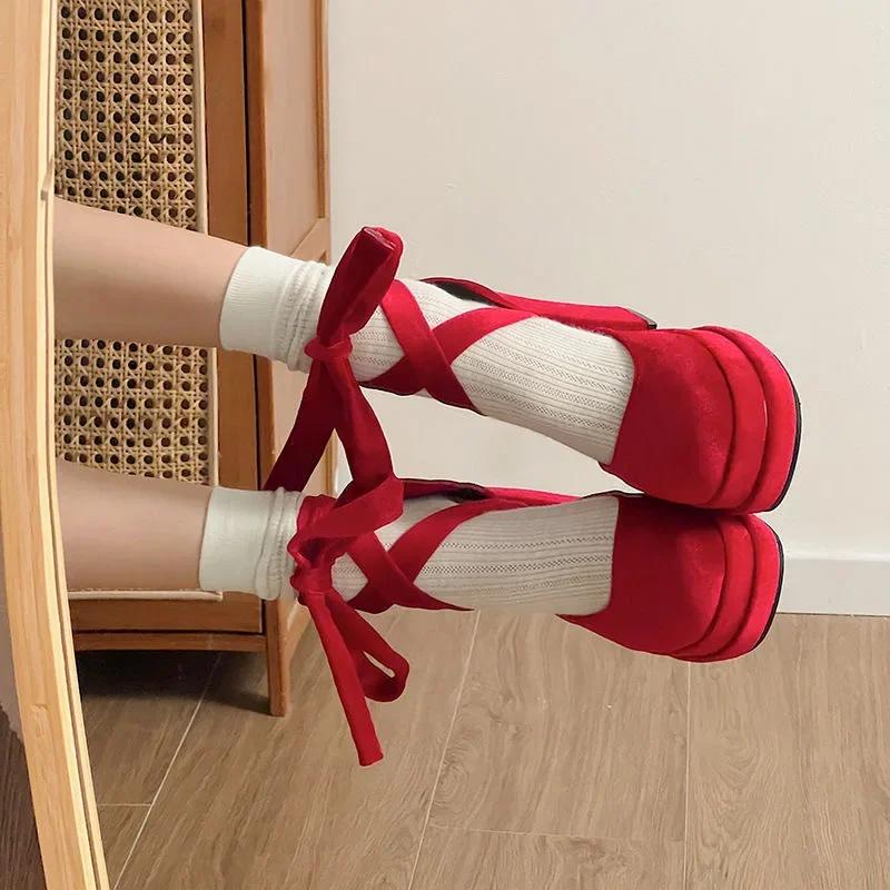 Módní platformové boty Mary Janes Dámské semišové luxusní vysoké podpatky šněrovací trendy Lolita boty elegantní robustní párty lodičky Zapatos De Mujer