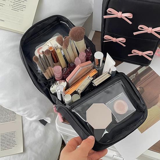 Makeup Bag Folding Multi-Part Cosmetic Storage Bag with Pink Bow Decoration Large Capacity Makeup Case