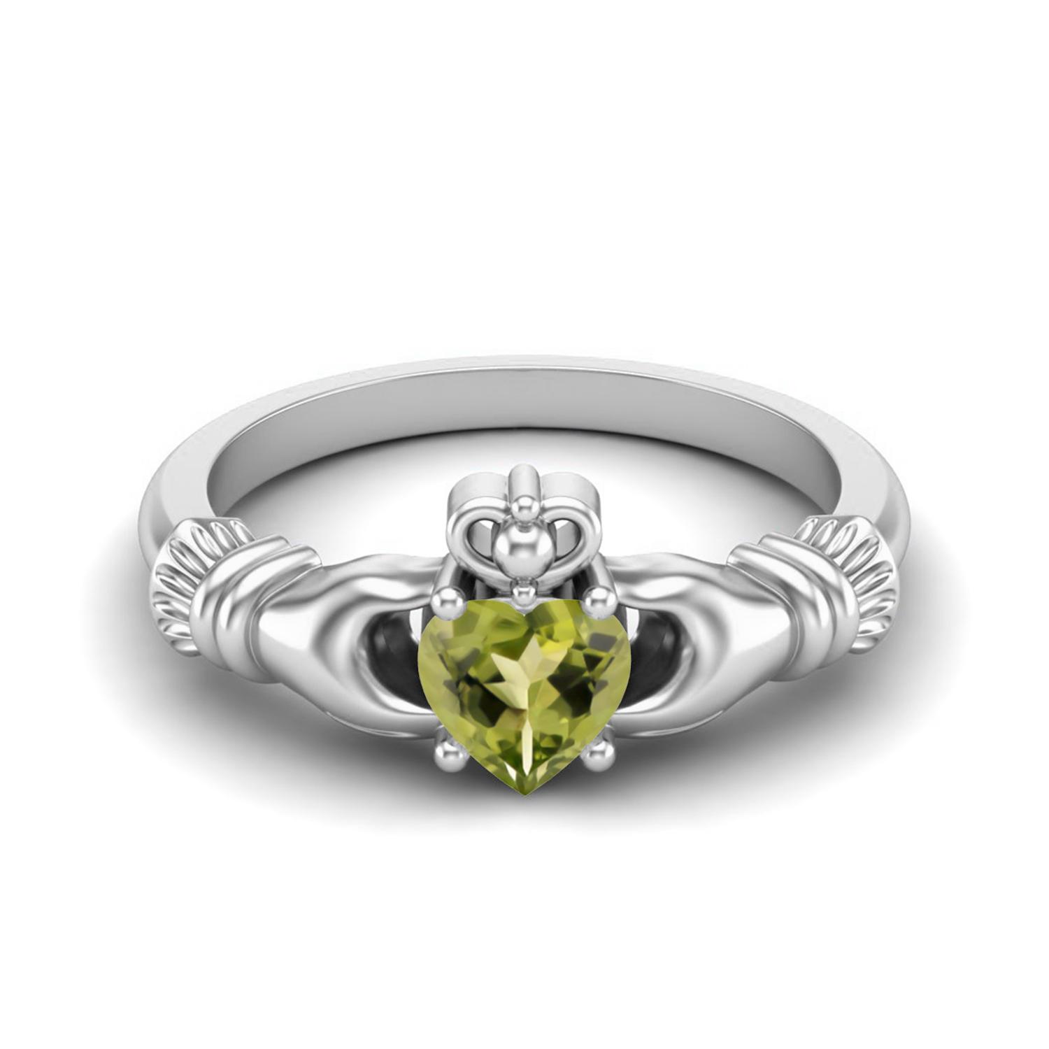 Irish Claddagh 5mm Heart Peridot 925 Sterling Silver Solitaire Women Wedding Ring 7