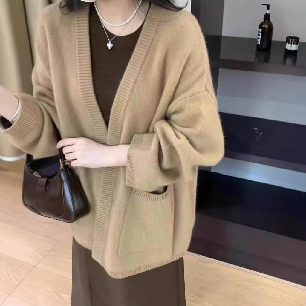 Solid Color V-neck Cardigan Women In The Long V-neck Thickened Autumn and Winter Lazy Soft Leisure Loose Warm Coat