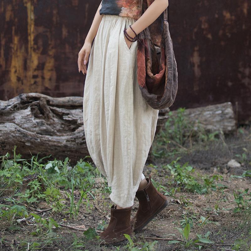 Ramie Cotton Distressed Patchwork Lantern Pants - Women's Spring/Summer Pumpkin Long Pants