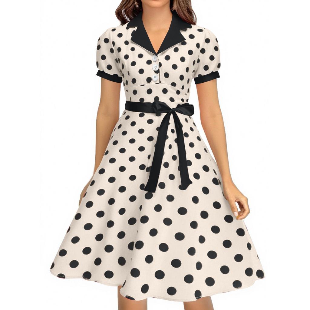 Dames Polkadot Shirtkraag Franse Retro Jurk