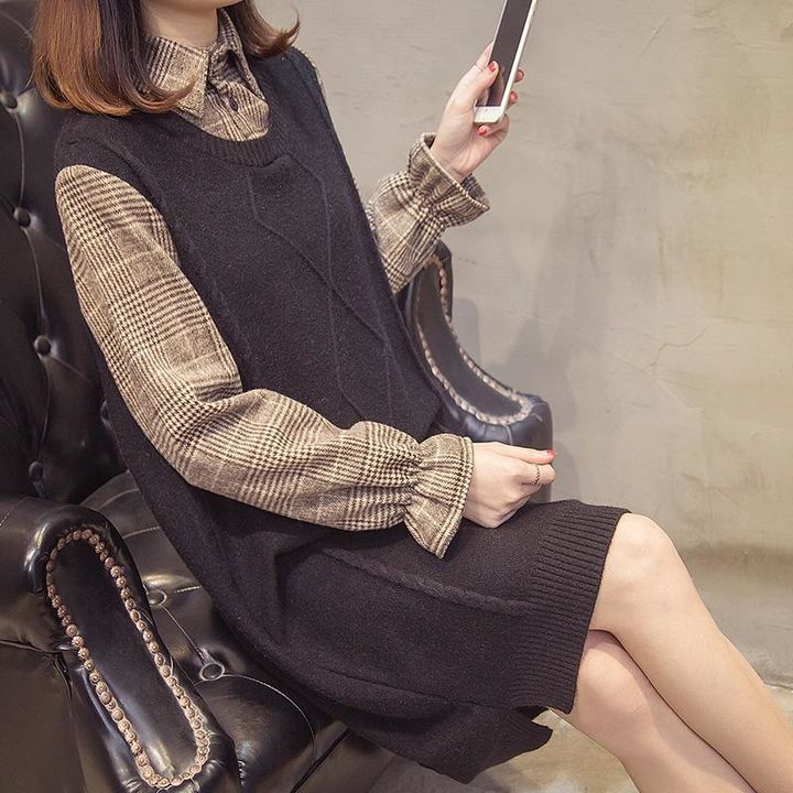 Round Neck Pullover Sweater with Flared Sleeves Knitted Sweater Two-piece Splicing Medium Length