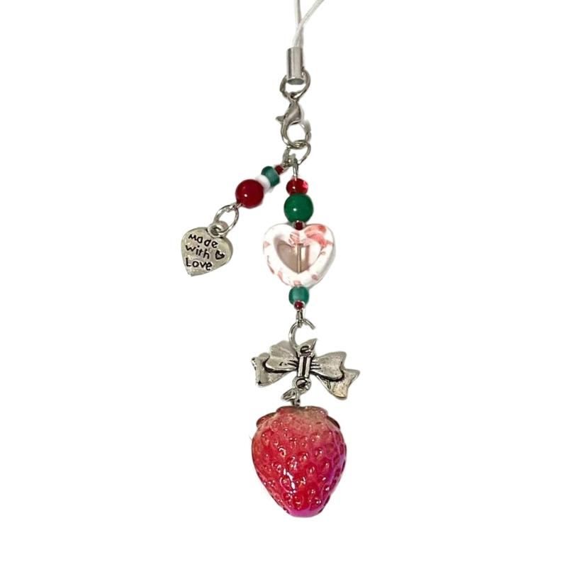 Handmade Strawberry Beaded Phone Charm Stylish Acrylic Strawberry Pendant for Cellphone and Keychain Decoration Charm