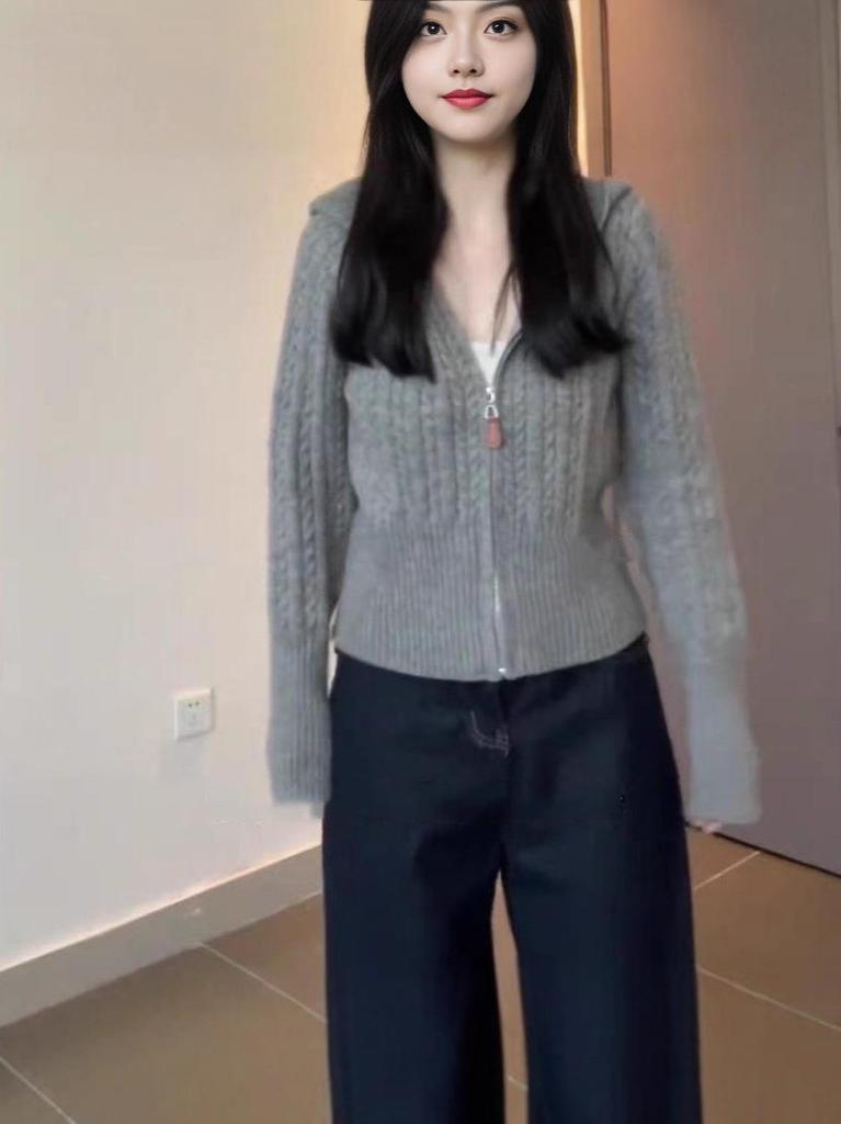 Design-Sense Cable Knit Hooded Cardigan: Zippered, Slimming, Waist-Cinching, Autumn/Winter Short Sweater Coat for Women