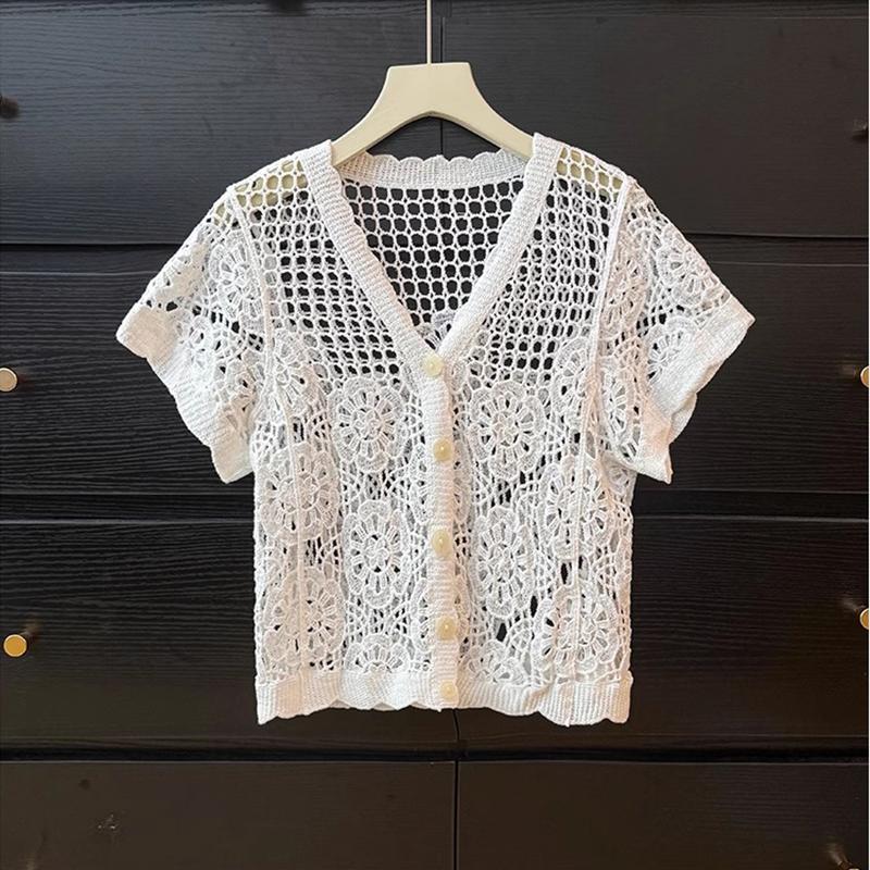 Women's French V-Neck Crochet Knit Cardigan Summer Slimming Loose Fit Versatile Top