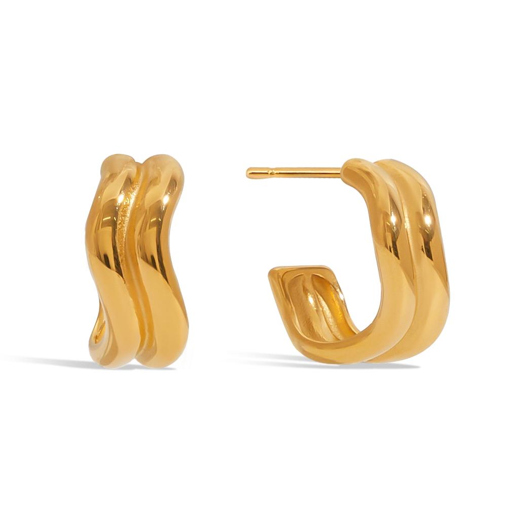 Yori Double Color Stainless Steel Metal Wave C-shaped Stud Earrings for Women Waterproof PVD Gold Plated Jewelry Gift