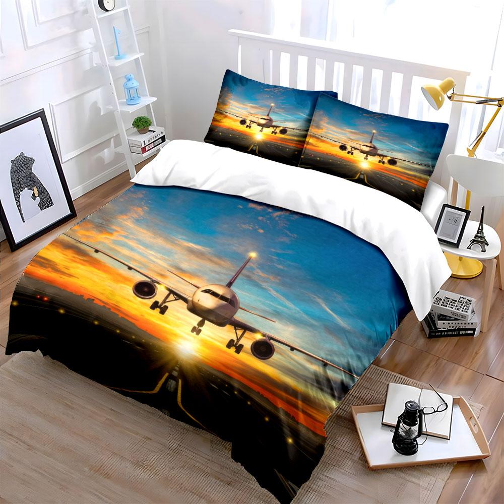 Airplane Sunset Art Decor Set Soft Comfortable Duvet Cover Bedding Set Included 1*Duvet Cover & 2*Pillowcases, Gift