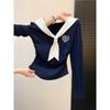 Women's Sailor Collar Long‑Sleeve Top Embroidered Contrast Tie Neck Slim Fit Cropped Blouse