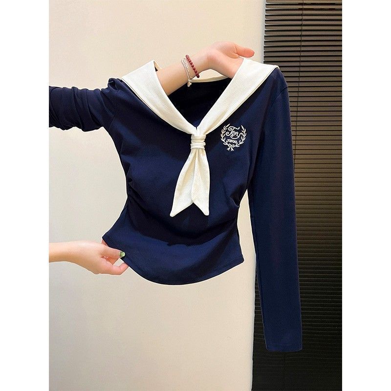 Women's Sailor Collar Long‑Sleeve Top Embroidered Contrast Tie Neck Slim Fit Cropped Blouse