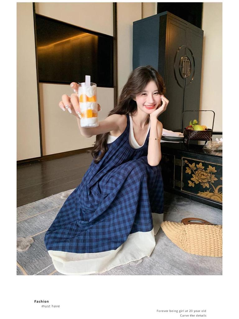 French Blue Plaid Sleeveless Summer Dress - Retro Forest Style Camisole