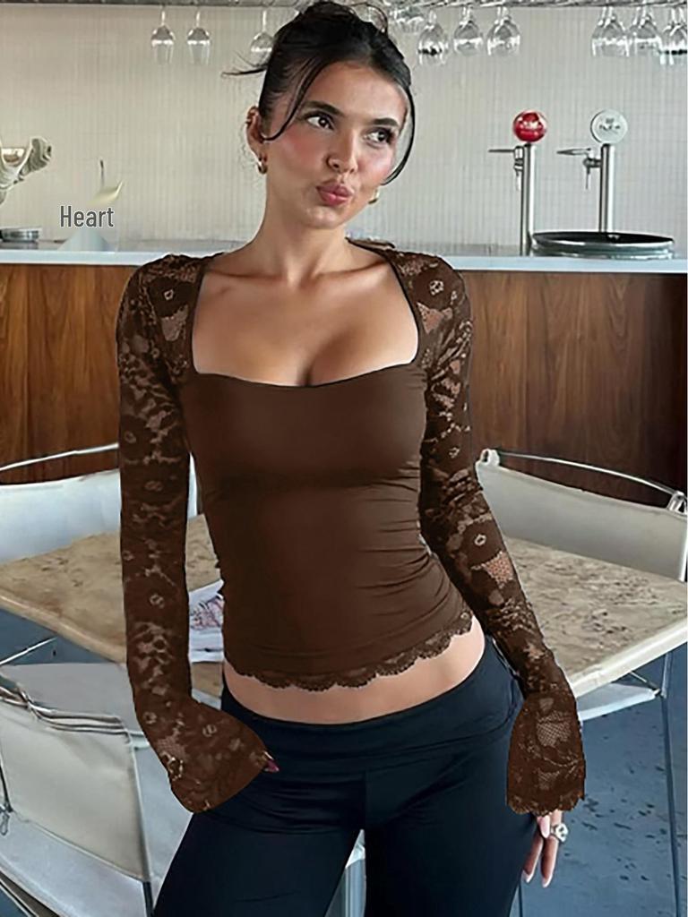 2025 Summer Women's Fashion Lace Patchwork Long Sleeve Top