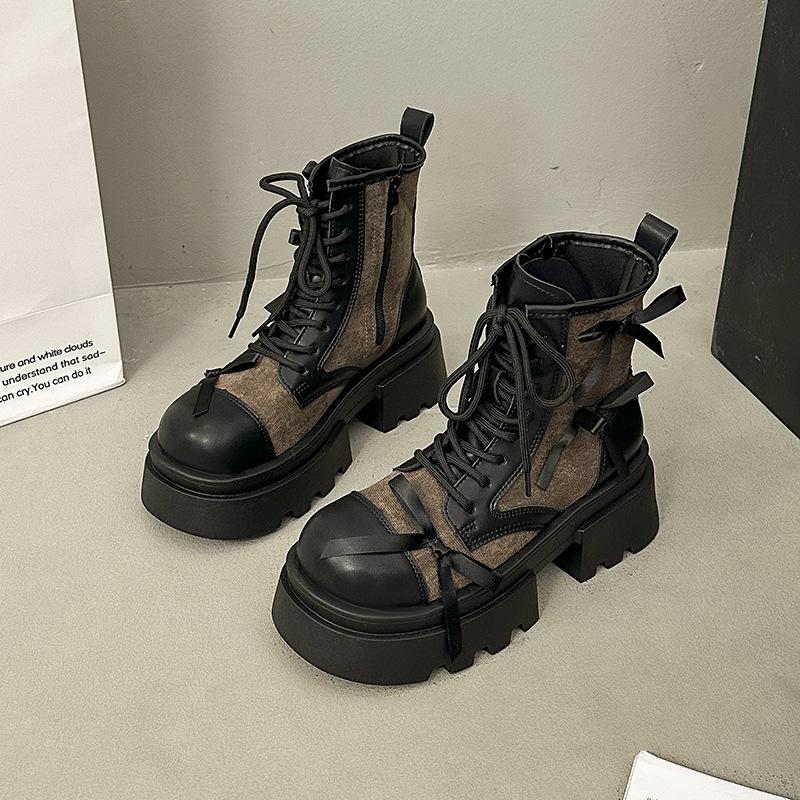 Осенне-зимние короткие плюшевые женские ботильоны на платформе с толстой подошвой противоскользящие с бантом на молнии сбоку черные Bottines Botas Mujer 35 коричневый 3230₽