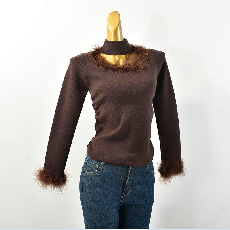 Halterneck Furry Patchwork Sweater Women's Autumn and Winter Inner Wear Fancy Elegant Silm Slimming Knitted Bottoming Shirt Tops