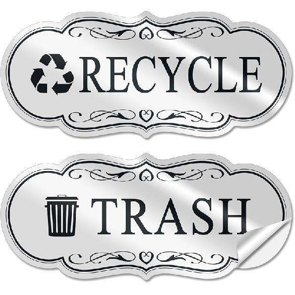 Trash & Recycle Stickers – 2-Pack Self-Adhesive Vinyl Labels, Waterproof & Durable (Transparent Background with Black Text, Medium 6.3 x 2.7