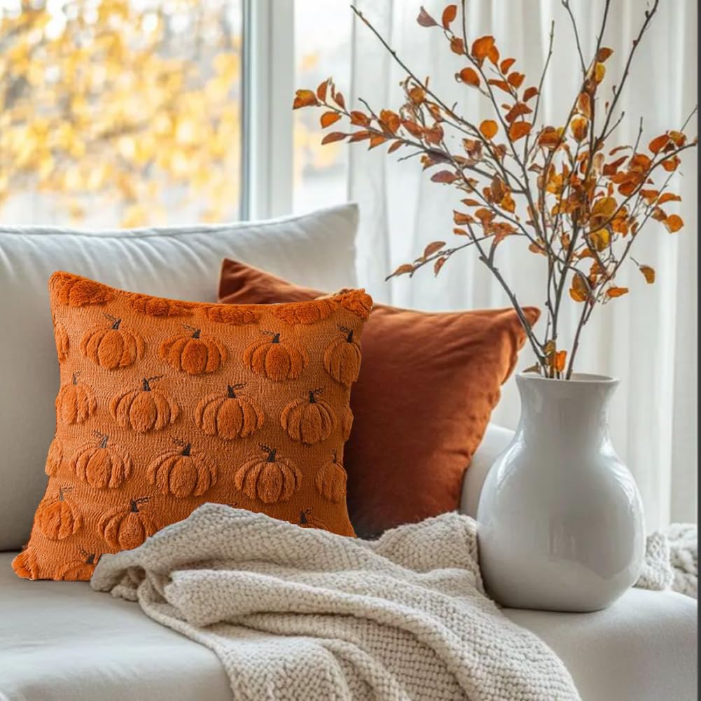 Fall Decorative Throwing Pillowcase 45x45CM Thanksgiving Autumn Harvest Pumpkin Faux Fur Cushion Cover, Sofa Bedroom Pillowcase