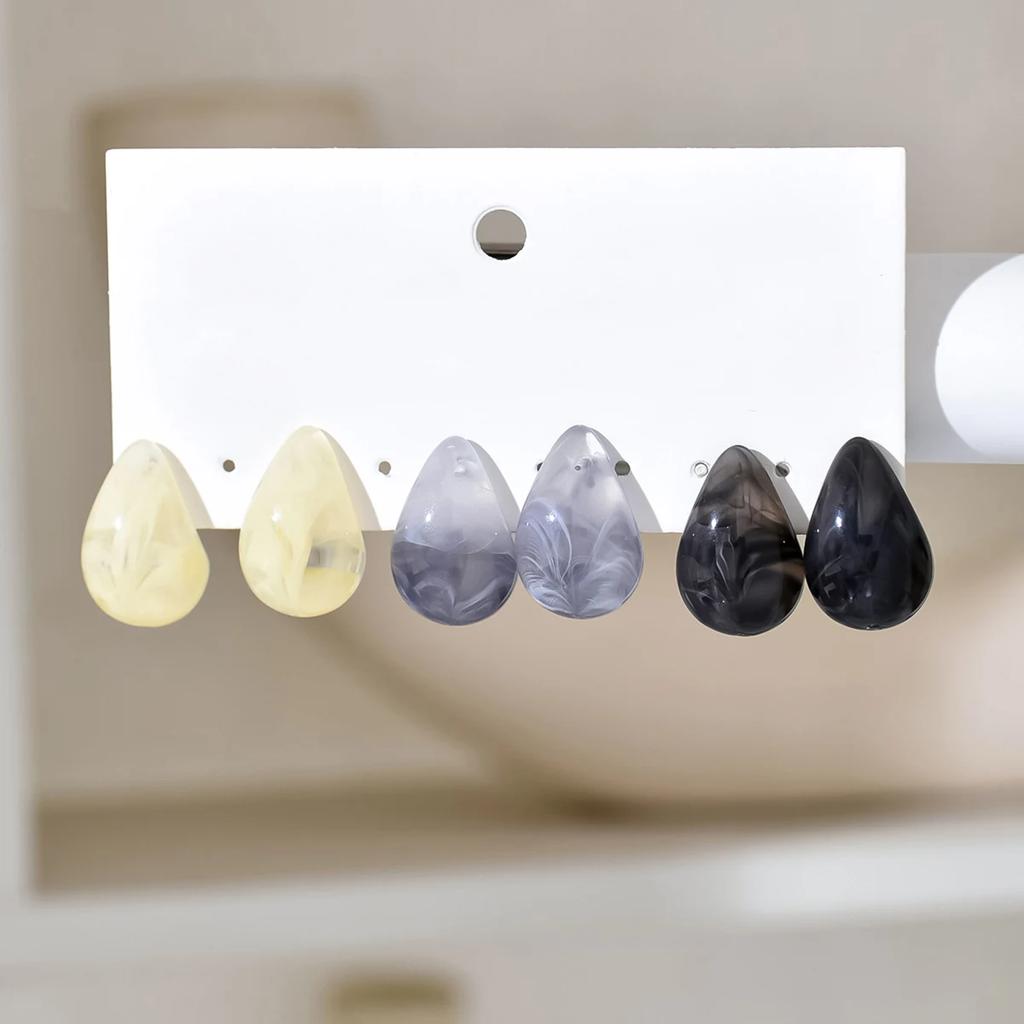 3 Pair New Korean Vintage Water Drop Acetate Resin Stud Earrings For Women Versatile Niche Temperament Girl Ear Jewelry Gifts