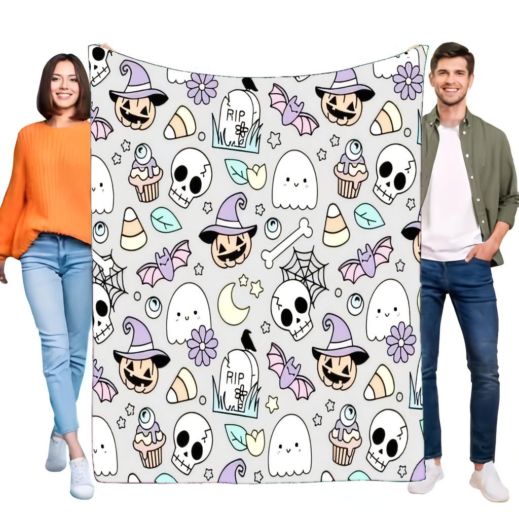 Halloween Themed Blanket Soft Cozy Throw with Cute Ghosts, Skulls, and Pumpkins, Perfect for Home Decor, Sofa Cover, Lightweight