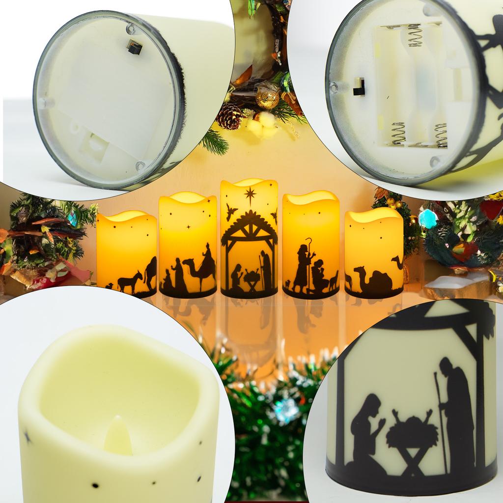 5pcs Flameless LED Christmas Nativity Scene Candle Lights Battery Powered Religious Pillar Decoration for Indoor Holiday Home