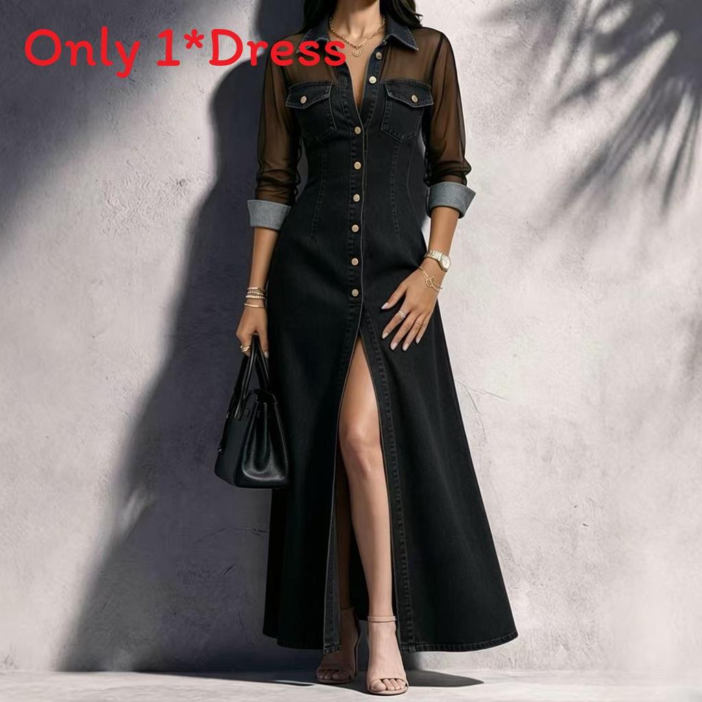 Elegant Spliced Mesh Long Sleeve Dress With Slit For Daily Wear
