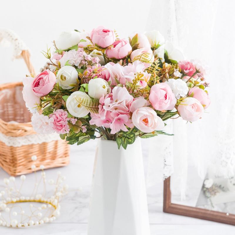 7 Head Rose Artificial Flowers 32cm Hydrangea Hybrid Bouquet Silk Fake Flower for Home Garden Wedding Decor, 1pc