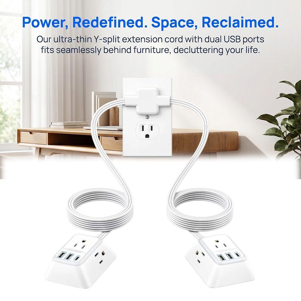 12FT Length Twin Extension Cord 2 USB-A Ports Split Power Strip  Overload Protectio