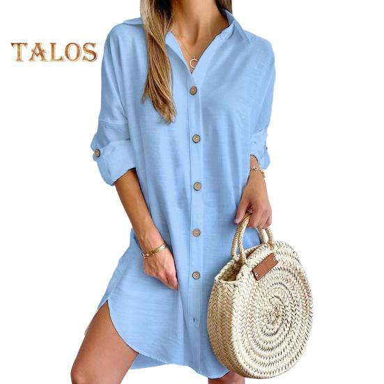

Платье-рубашка для женщин осень-весна, однобортное, с разрезом по низу, свободное, однотонное, с пуговицами и запонками, длиной выше колена, мини-платье L синий
