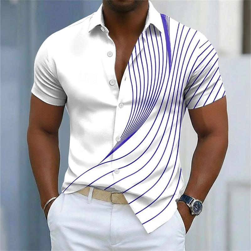 Nuova Camicia da Uomo a Maniche Corte Stampa a Righe Curve Bianche e Blu Vestibilità Business Casual Collo a Revers Camicia da Uomo