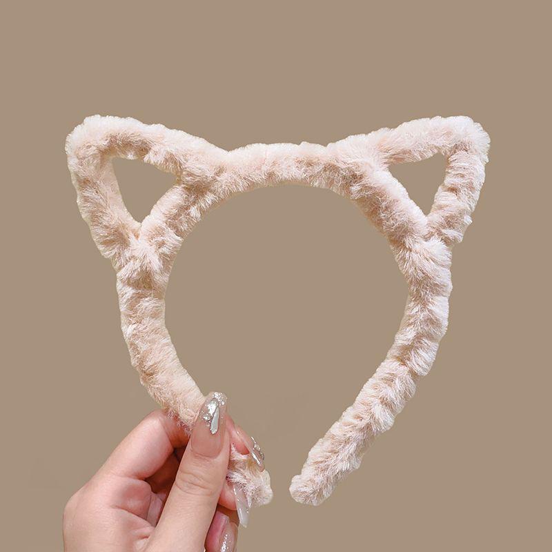 Cute Wide-Brimmed Plush Cat Ear Headband for Face Washing & Teeth Brushing - Includes Hair Tie & Clip