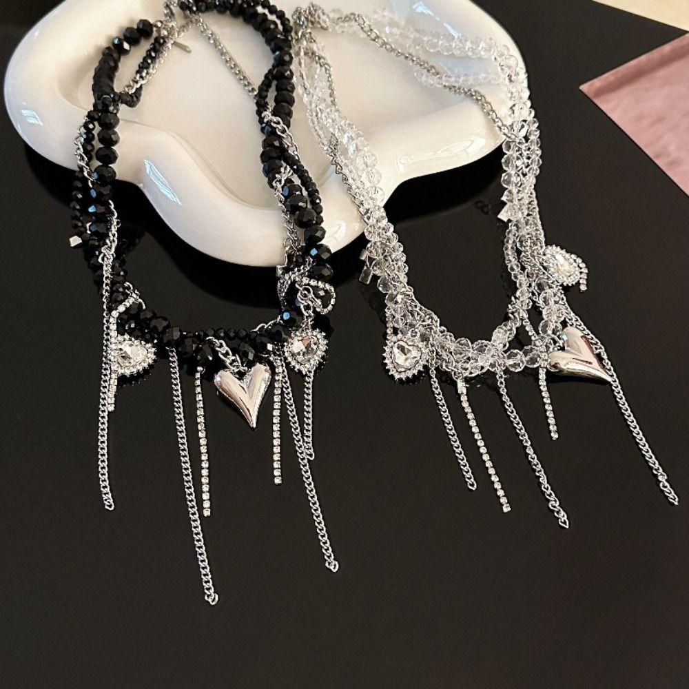 Punk Heart Pendant Necklace Transparent Y2K Crystal Necklace Fashion Beaded Rhinestone Choker  Gift