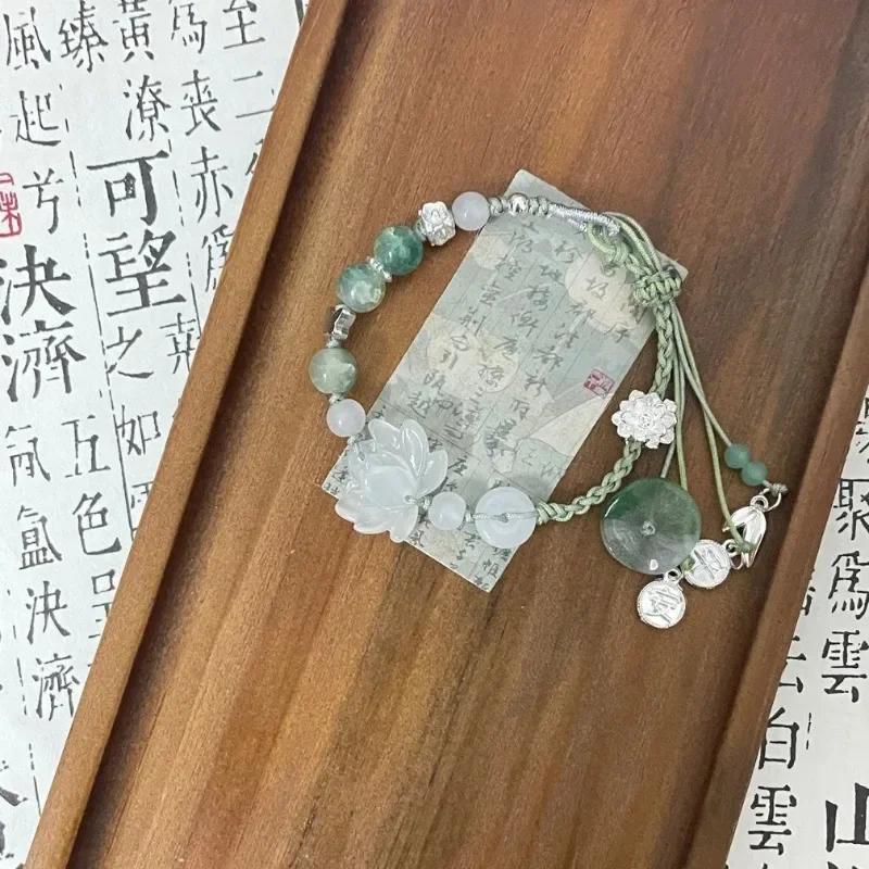 b23 Chinese Style Sense of Design Exquisite Lotus Exquisite Leaf Bead Handmade Woven Rope Bracelet Women's Fashion Daily Jewelry