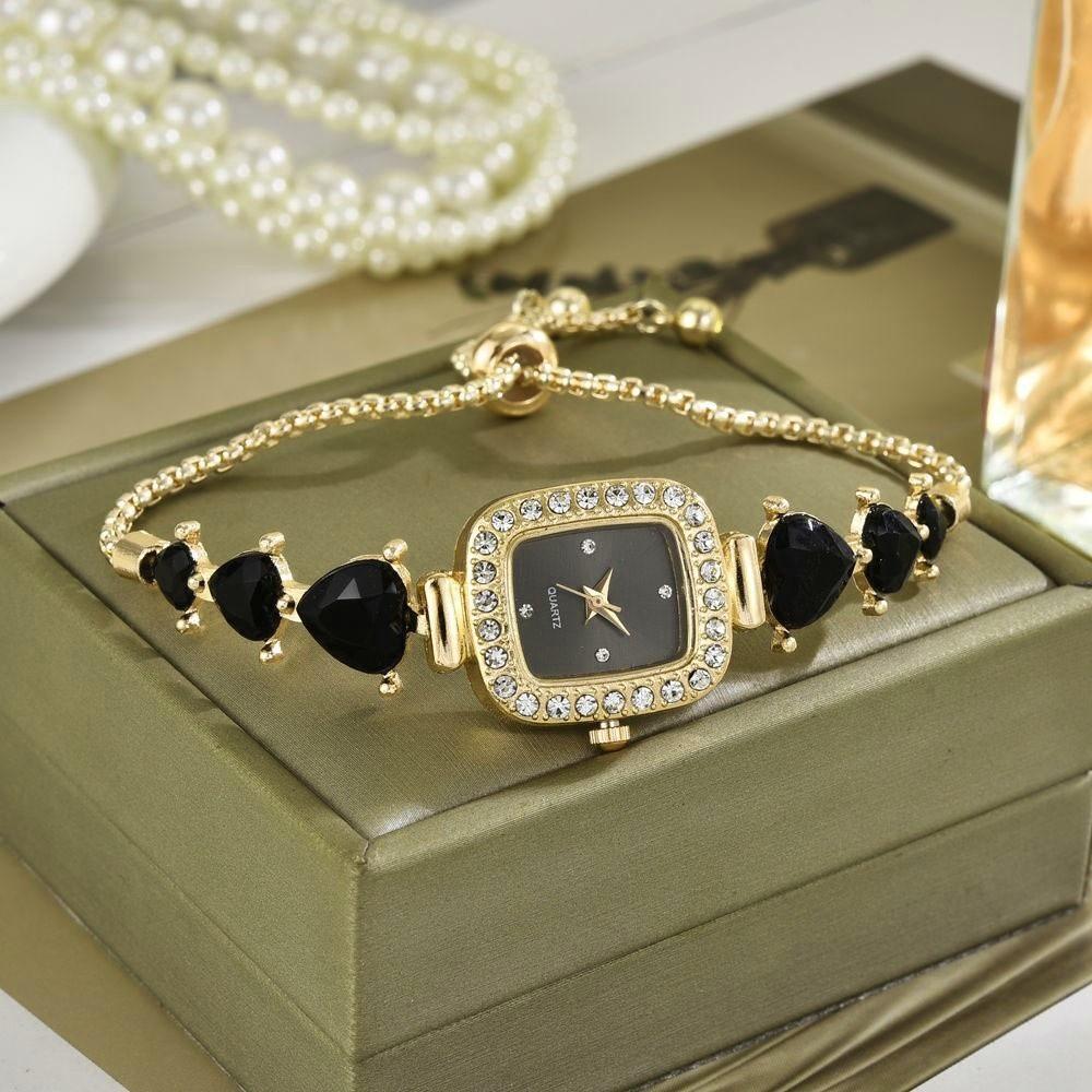 

Heart-shaped Diamond-studded Watches Precise Quartz Watch Women s Bracelet Watches Birthday Gift Gold - Black