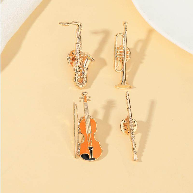 1Pcs Symphony Orchestra Badge Funny Musical Instruments Enamel Brooches Trumpet Clarinet Saxophone Violin Shaped Golden Pins
