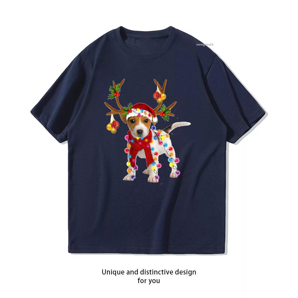 Jack russell Dog Reindeer Christmas Lights Tree Xmas Santa TShirt Women Unisex cotton graphic t shirts streetwear Oneck shirt